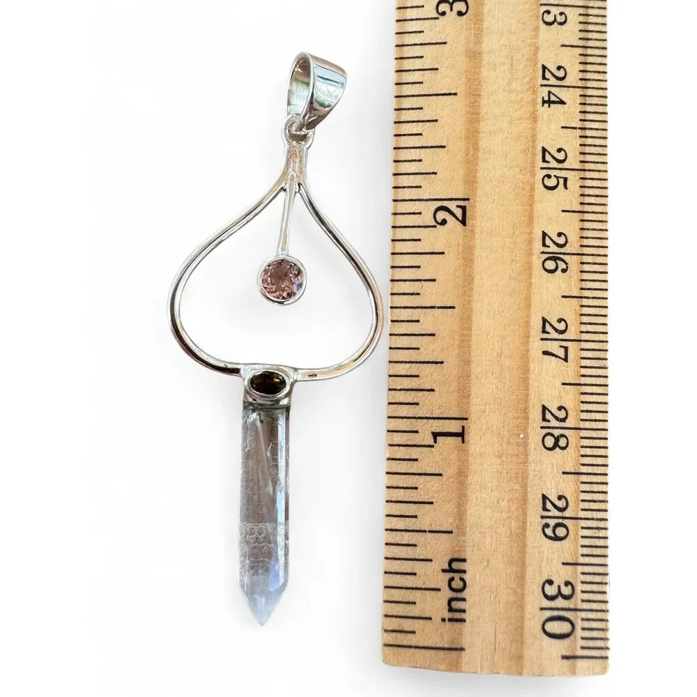 Pink & Green Tourmaline with Quartz point Solid 925 Sterling Silver Pendant